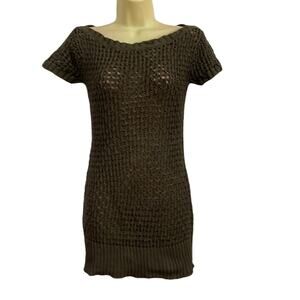 Xhilaration Juniors Large Olive Green Tunic Sweater Open Weave Short Sleeves Y2K